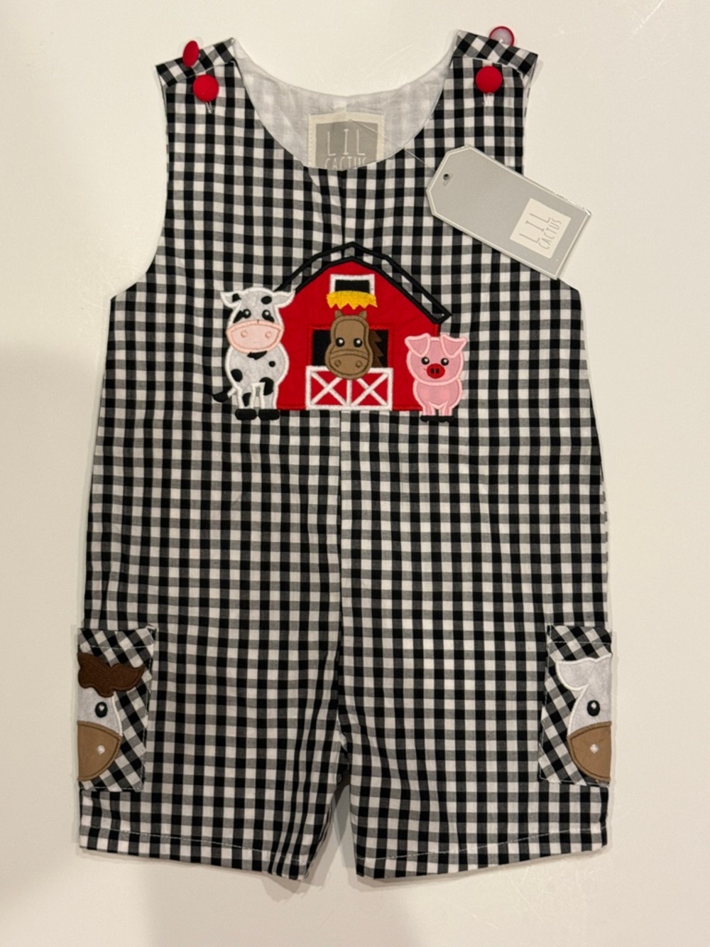 NWT Lil Cactus 2T Farm Appliqué Gingham Romper Jon Jon Boutique